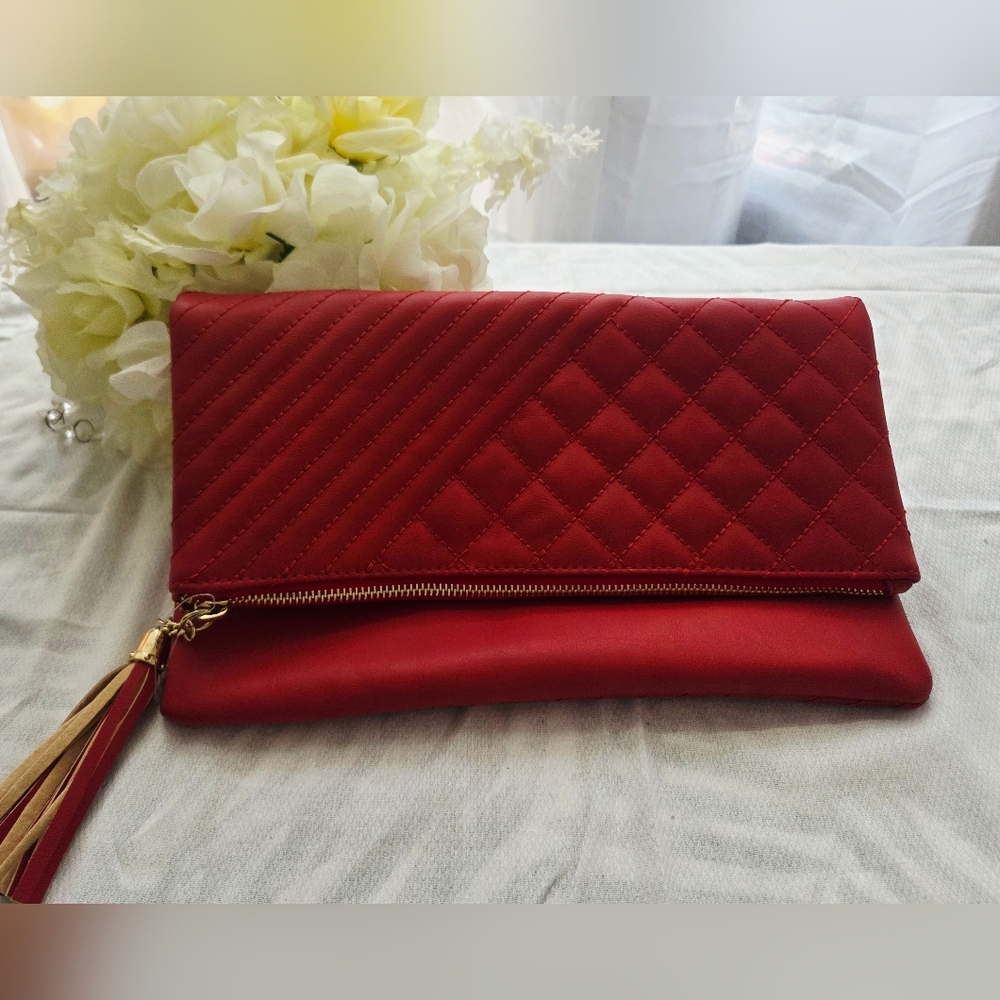 Olivia Miller Red Quilted Clutch with Gold Tassel